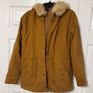 Brown Hooded Jacket with Faux Fur Trim